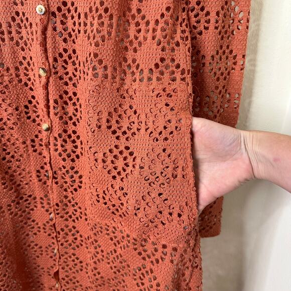 Md Free People Beach Cardigan Cover-Up Orange Open-Knit Pockets Boho Festival - Picture 5 of 7